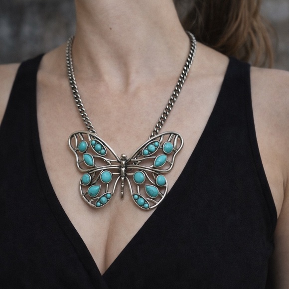 Fossil Jewelry - 🦋 Fossil - Turquoise Butterfly Statement Necklace Silver Tone Boho Western